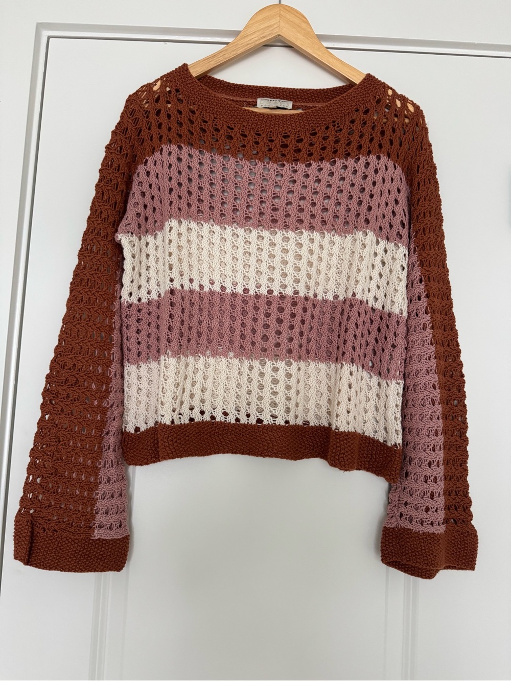 People Tree Open-Knit Striped Crewneck Sweater in Rust, Dusty Pink & Cream